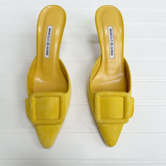 Manolo Blahnik Maysale Mule Yellow Suede Slip On Pointed Toe Kitten Heel 37.5 - Picture 1 of 8